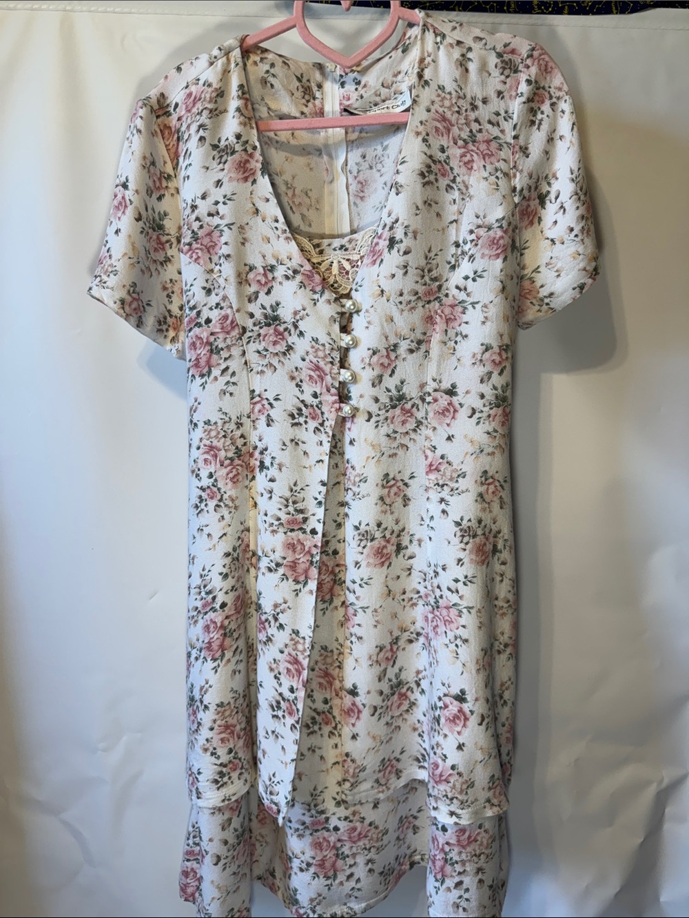 Floral Lace-Detail Mini Dress in White and Pink